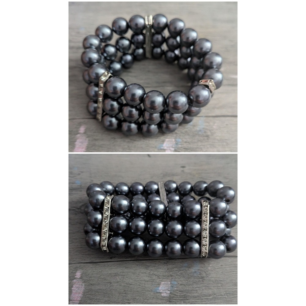 Dark Gray Faux Pearl 3 Strand Stretch Bracelet Rhinestone Spacers Charcoal Gray